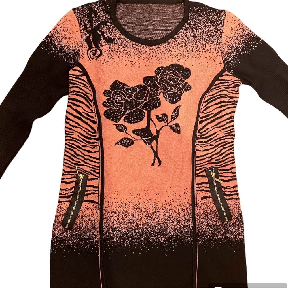 Women Long Sweater Long Sleeves Warm for Winter Black& Yellow Flowers Size M